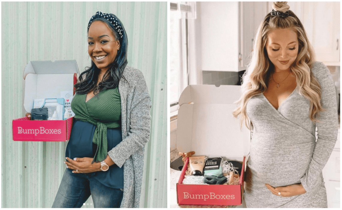 Two pregnant women hold up their Bump Boxes deliveries.