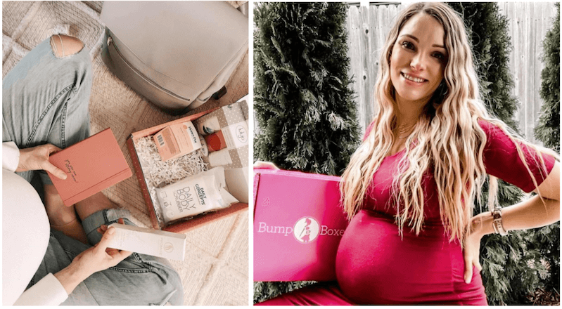2 photos of 2 different pregnant woman holding a Bump Boxes delivery