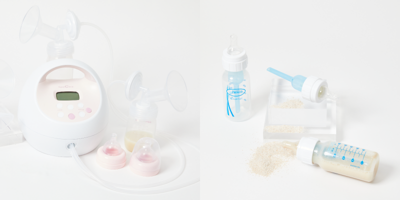 Breast pump and bottles filled with formula